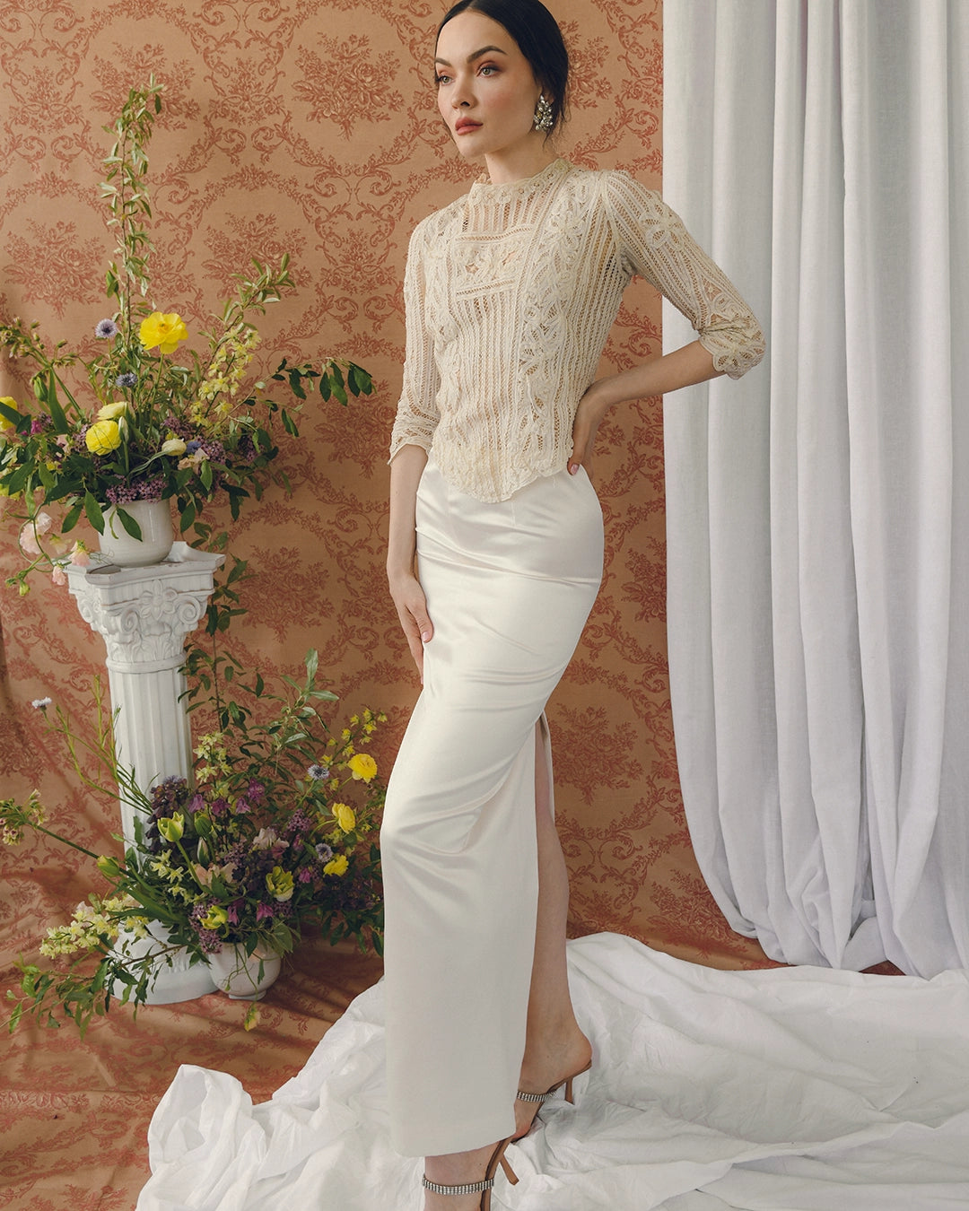 Vintage 90s Designer Ivory Satin Column Skirt