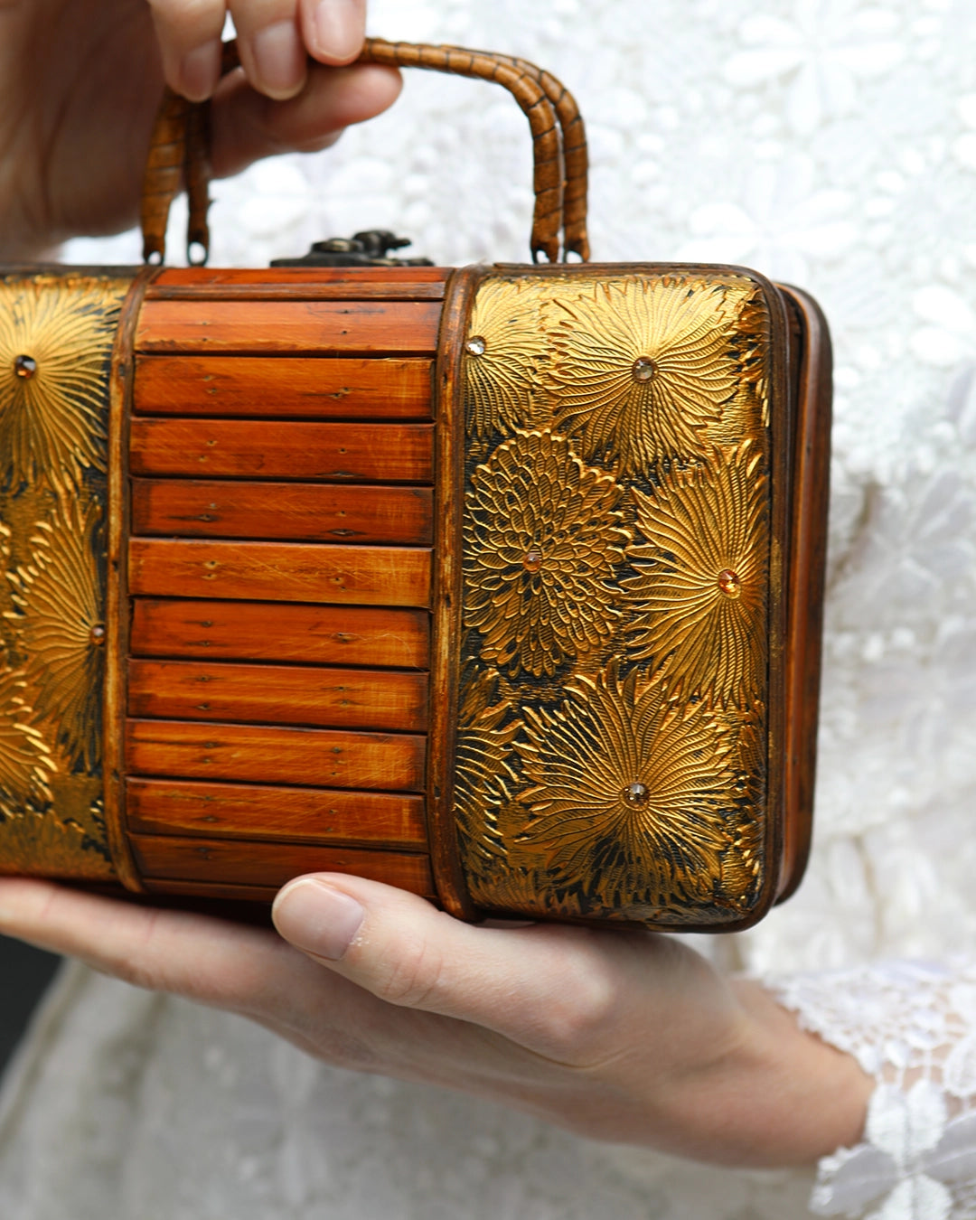Vintage Bamboo And Embossed Floral Box Bag
