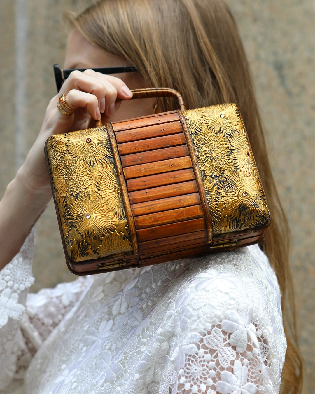 Vintage Bamboo And Embossed Floral Box Bag
