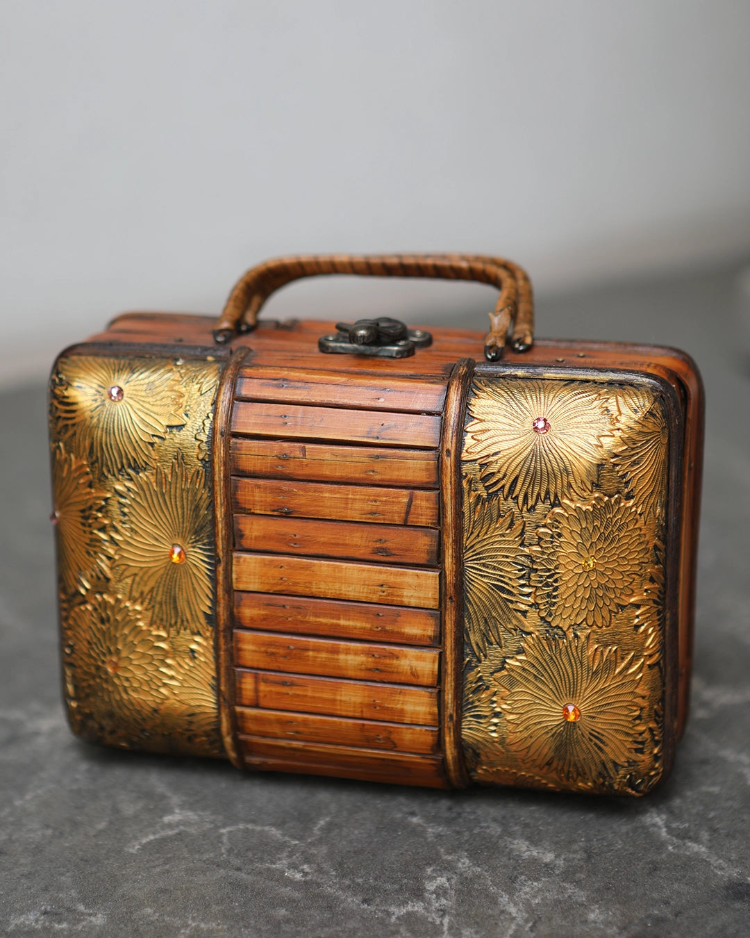 Vintage Bamboo And Embossed Floral Box Bag