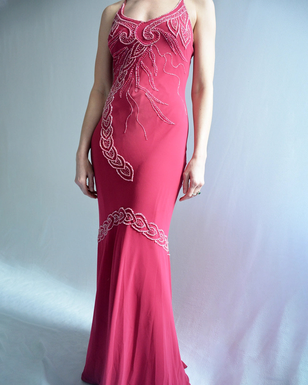 Vintage Bias-Cut Open-Back Beaded Mermaid Gown
