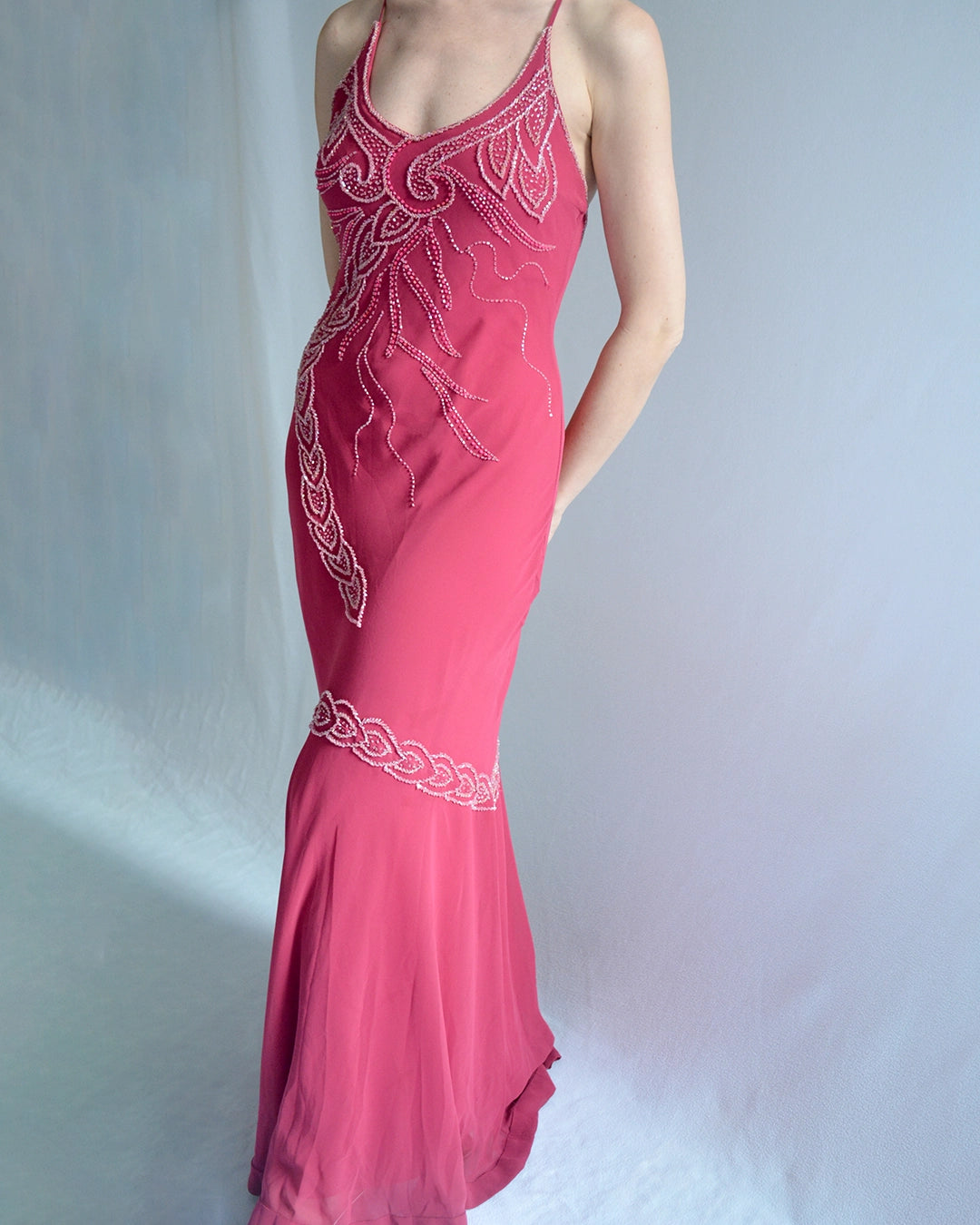 Vintage Bias-Cut Open-Back Beaded Mermaid Gown
