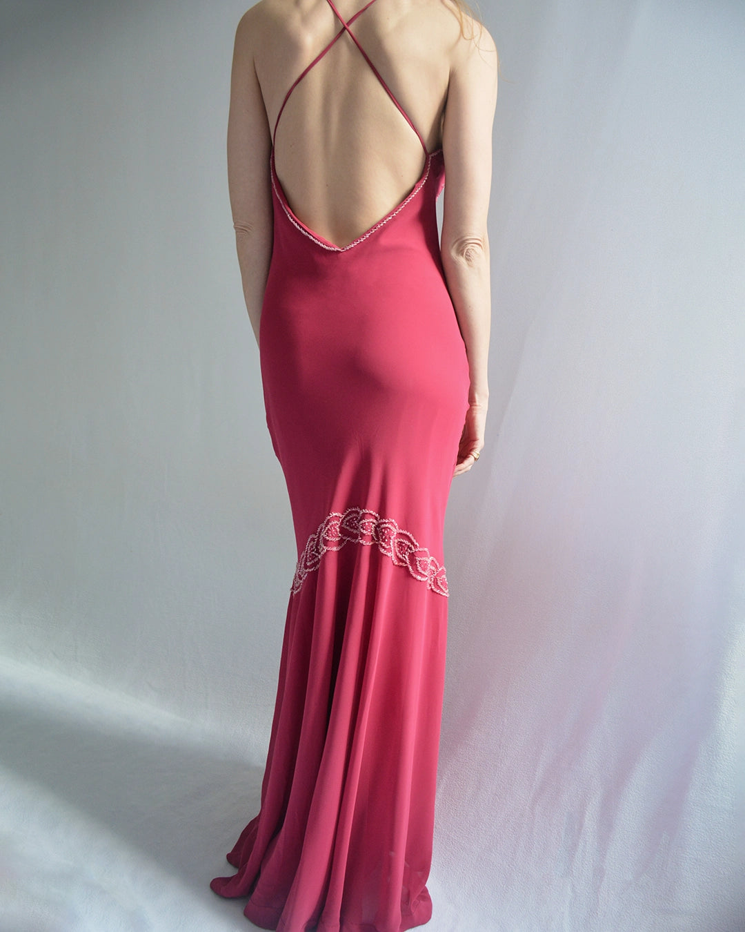 Vintage Bias-Cut Open-Back Beaded Mermaid Gown