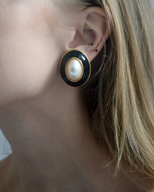 Vintage Black Enamel And Pearl Oversized Stud Earrings