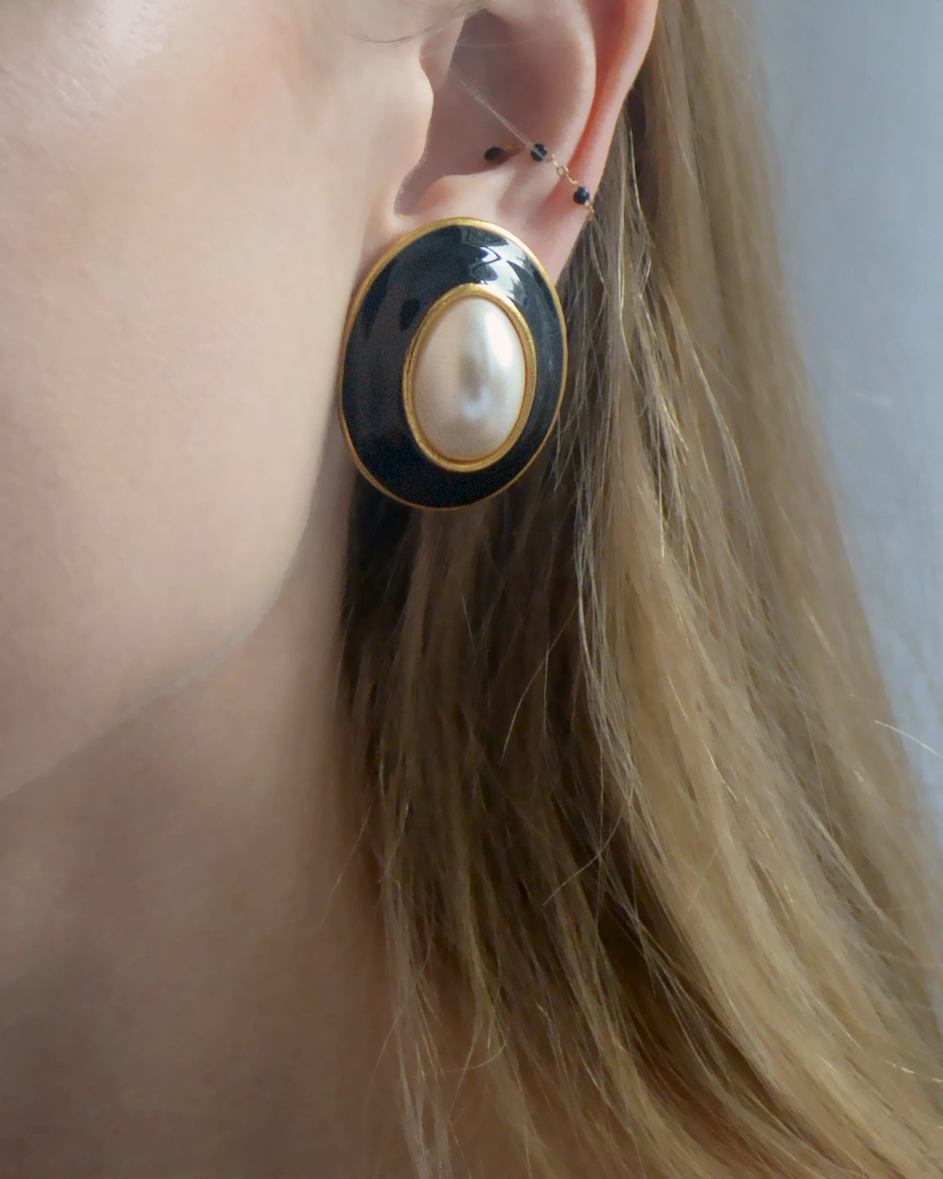 Vintage Black Enamel And Pearl Oversized Stud Earrings