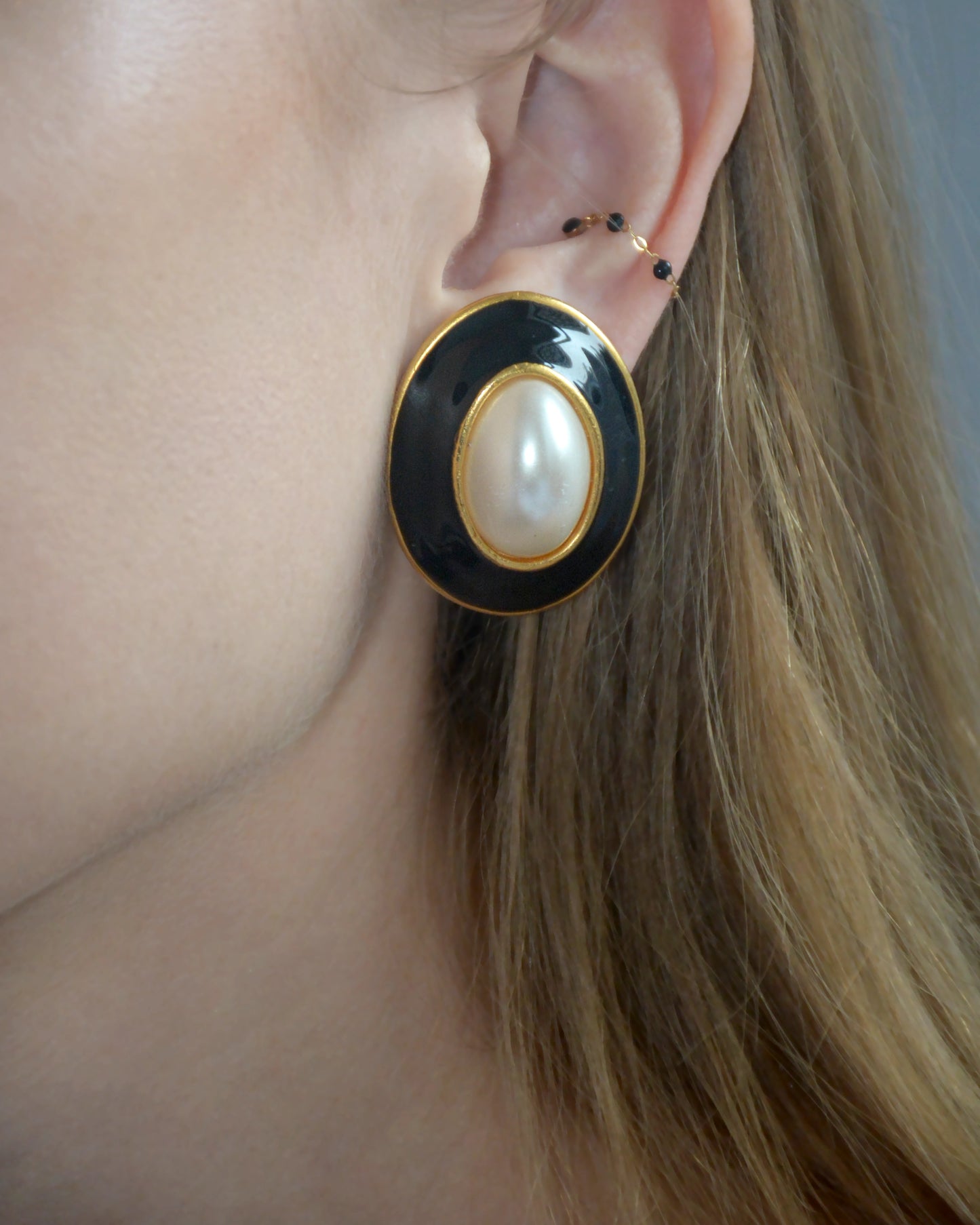 Vintage Black Enamel And Pearl Oversized Stud Earrings