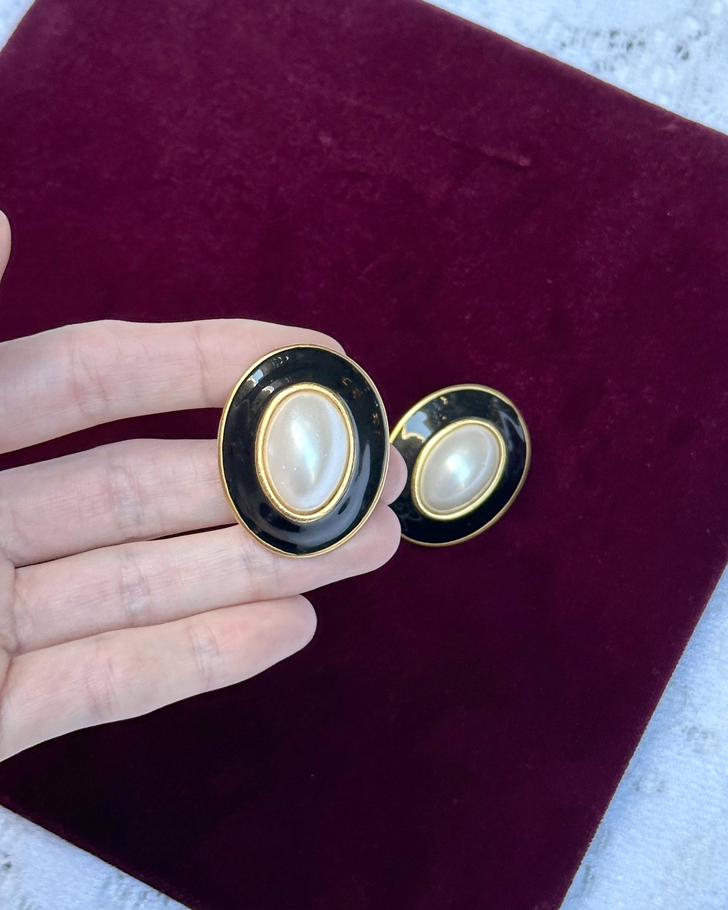 Vintage Black Enamel And Pearl Oversized Stud Earrings