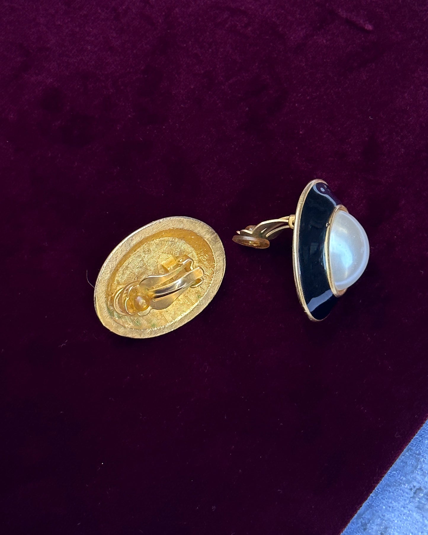 Vintage Black Enamel And Pearl Oversized Stud Earrings