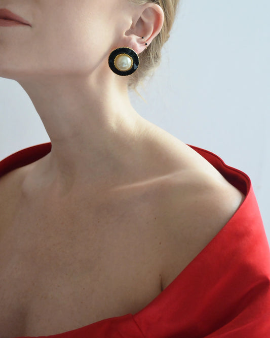 Vintage Black Enamel And Pearl Stud Earrings, post back