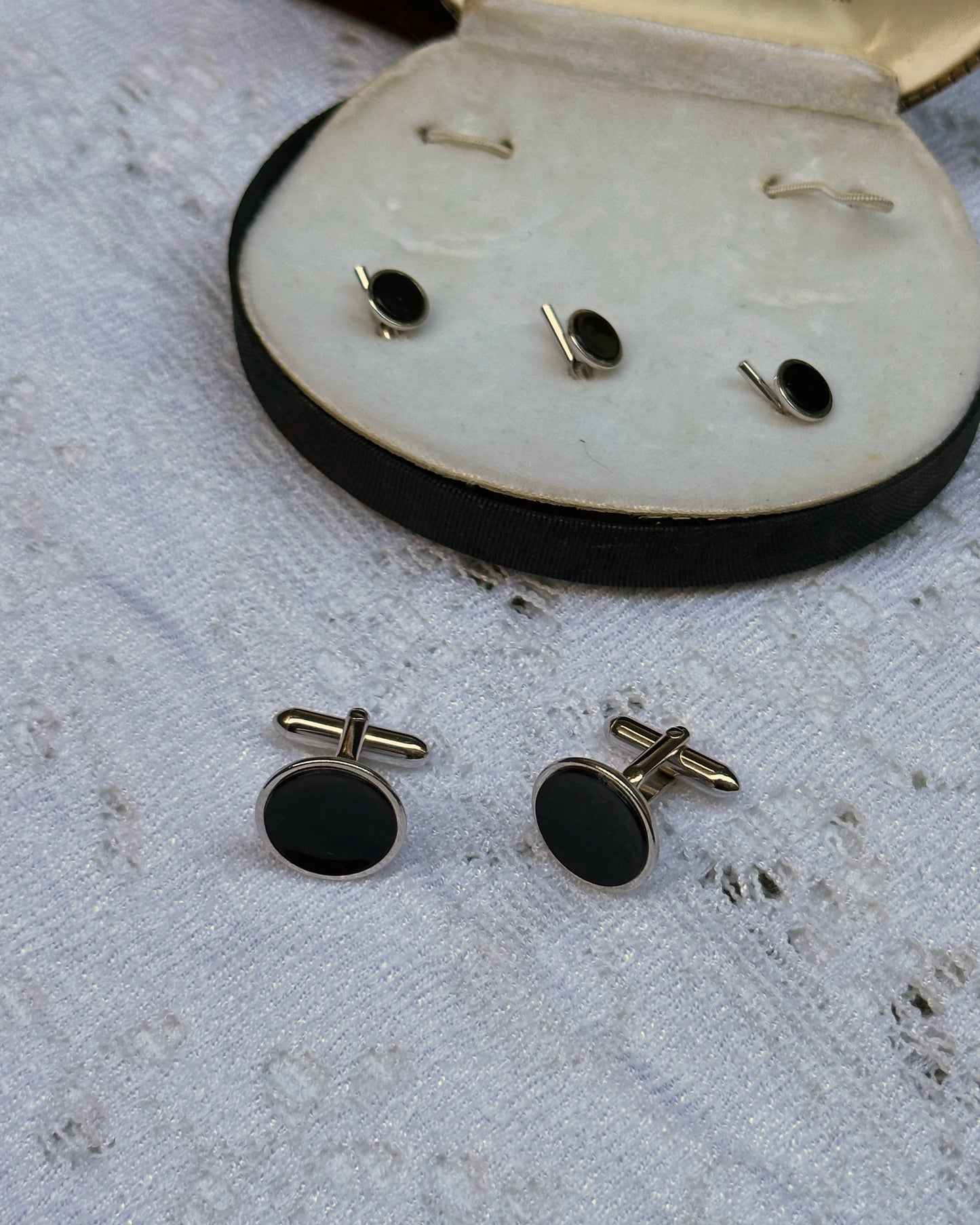 Vintage Black Enamel Cufflinks & Studs Set