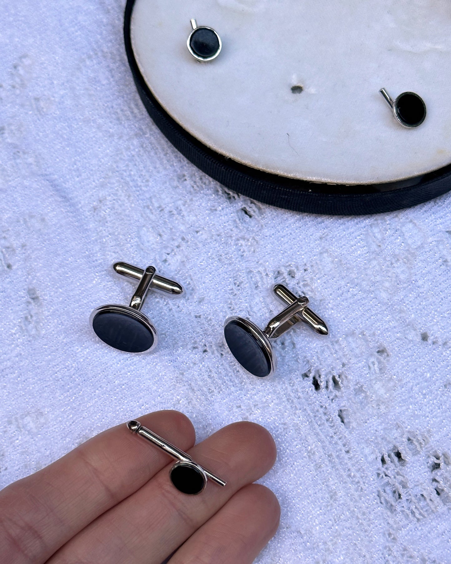 Vintage Black Enamel Cufflinks & Studs Set