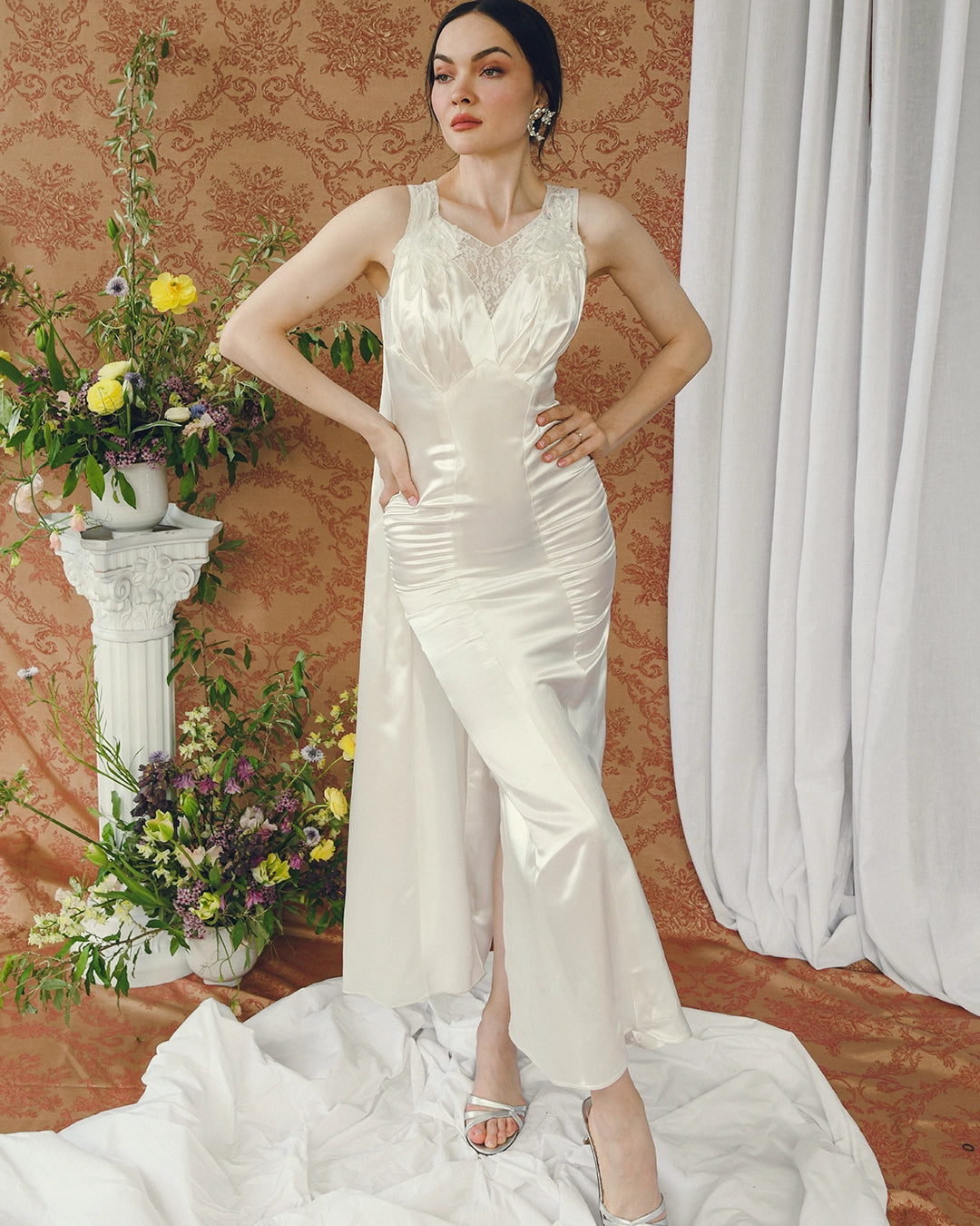 Vintage Charmeuse Wedding Gown With Watteau Cape Back