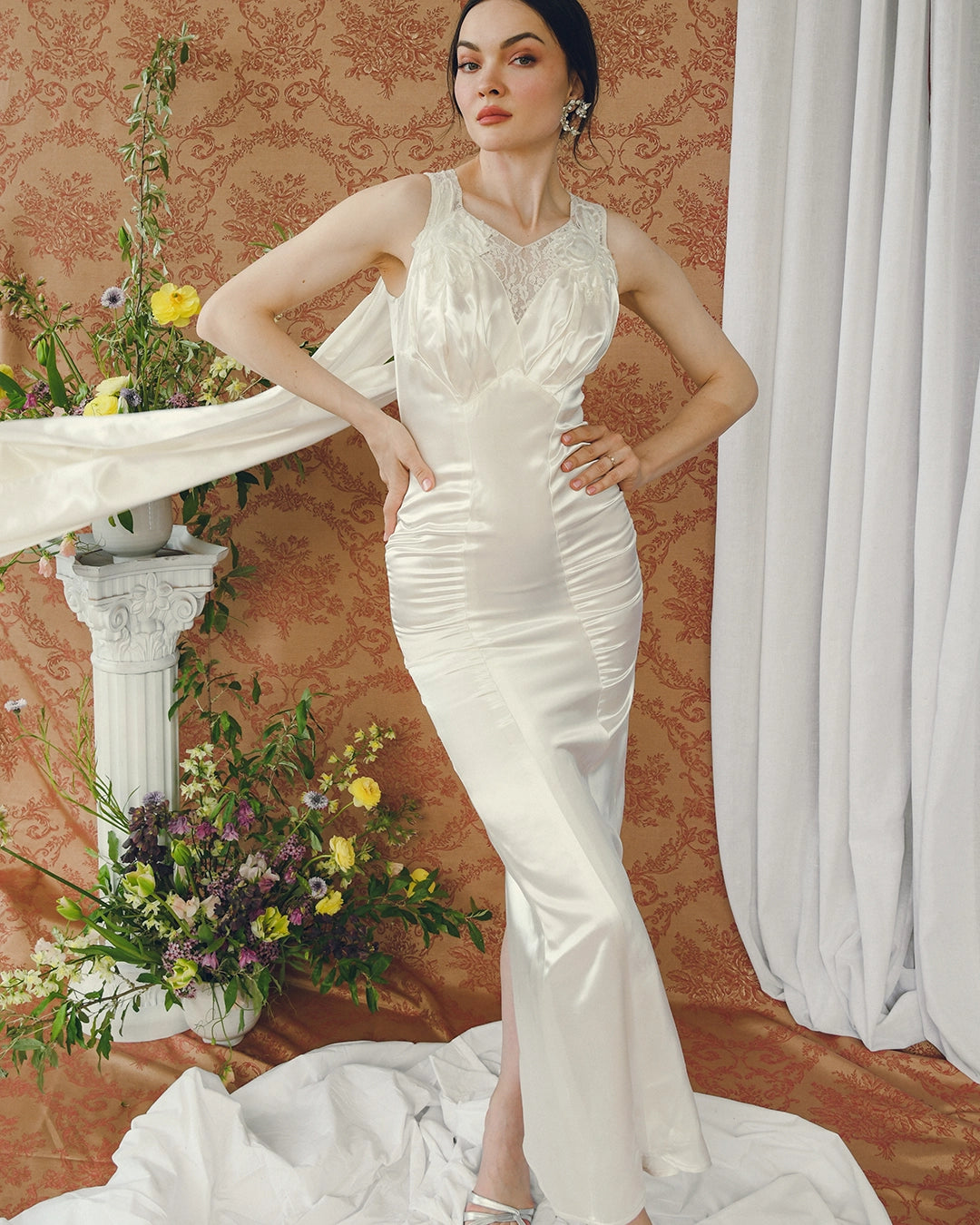 silk charmeuse wedding dress Vintage Charmeuse Wedding Gown With Watteau Cape Back