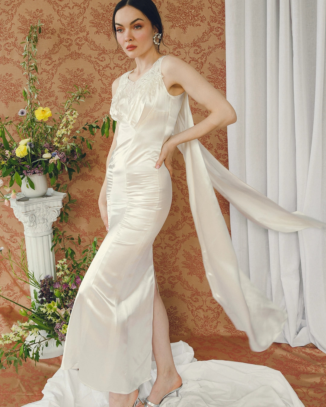 Vintage Charmeuse Wedding Gown With Watteau Cape Back