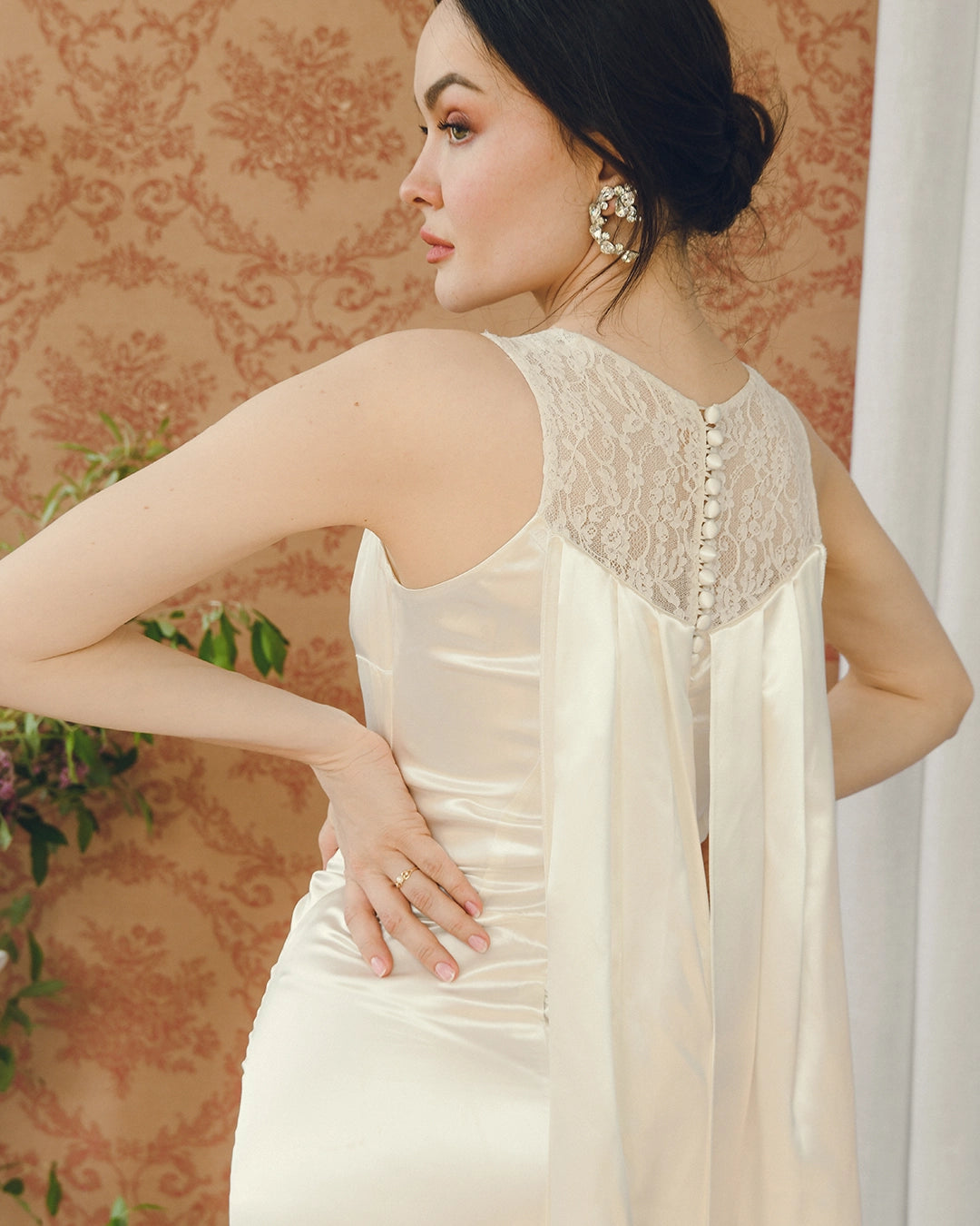 Vintage Charmeuse Wedding Gown With Watteau Cape Back