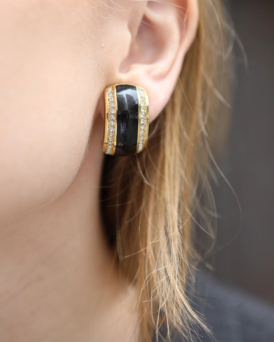 Vintage Christian Dior Black Enamel Half Hoop Earrings