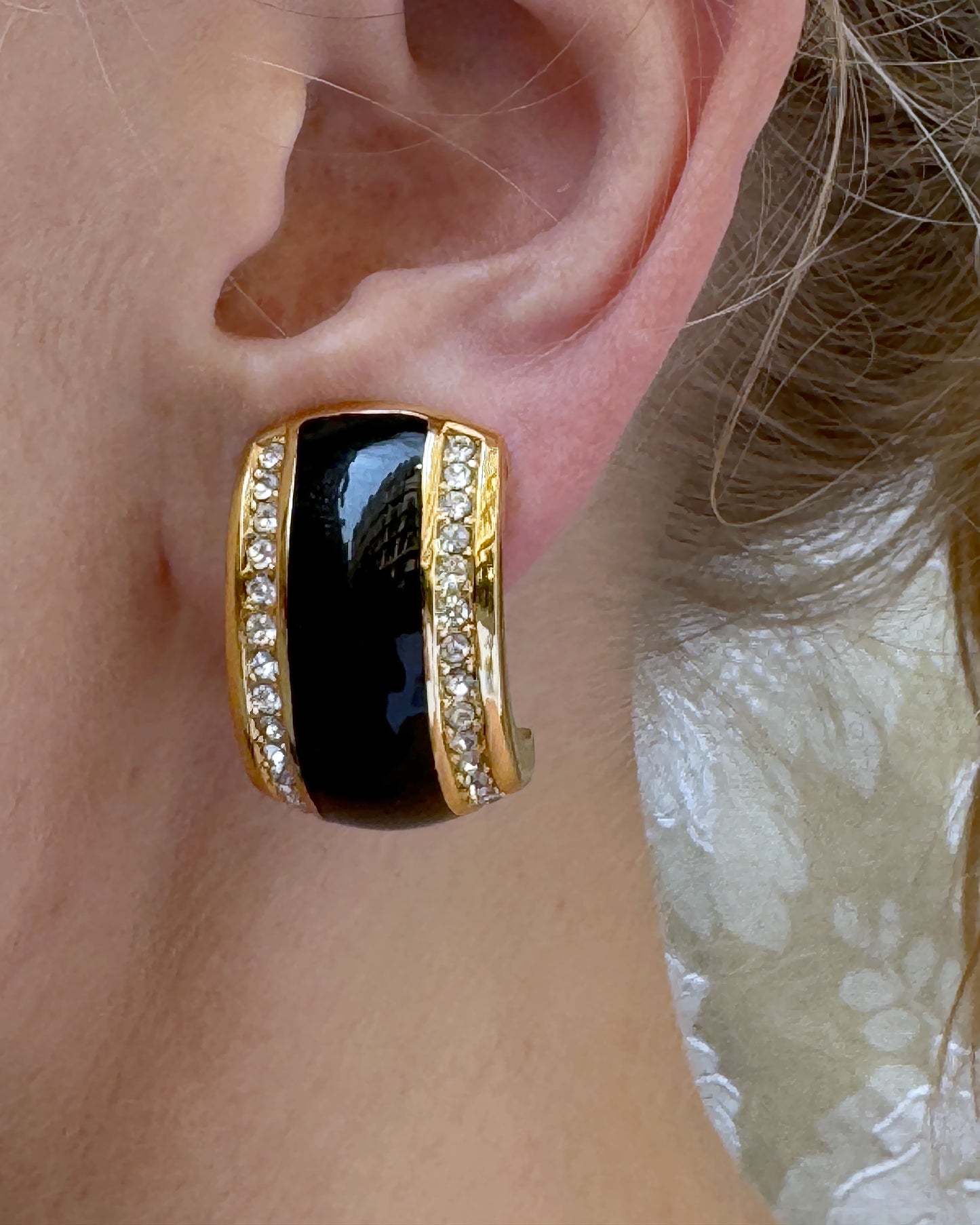 Vintage Christian Dior Black Enamel Half Hoop Earrings