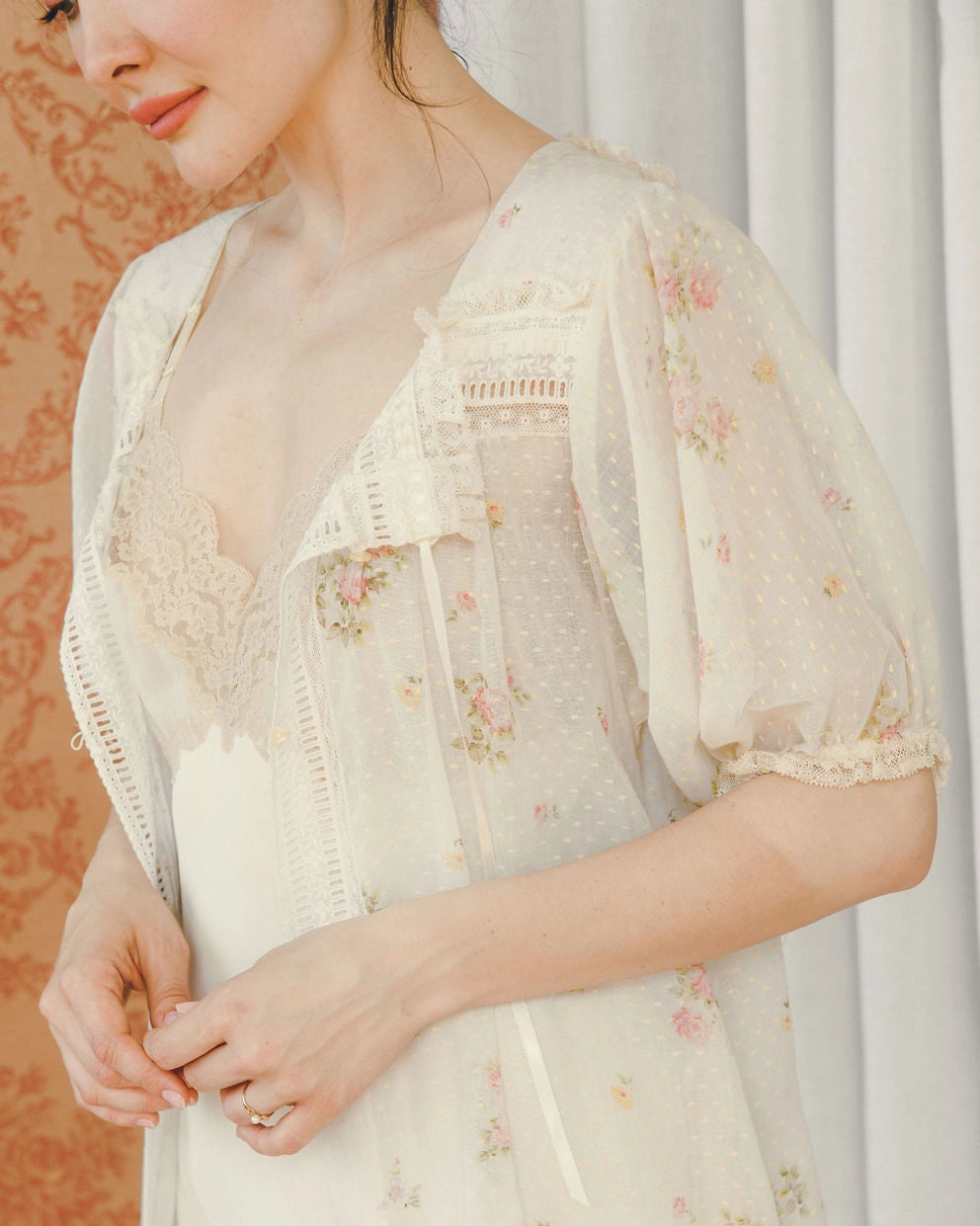 Vintage Christian Dior Floral Swiss Dot Peignoir With Lace Trim