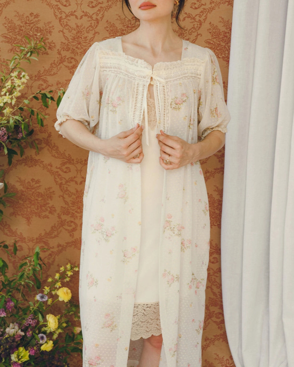 Vintage Christian Dior Floral Swiss Dot Peignoir With Lace Trim