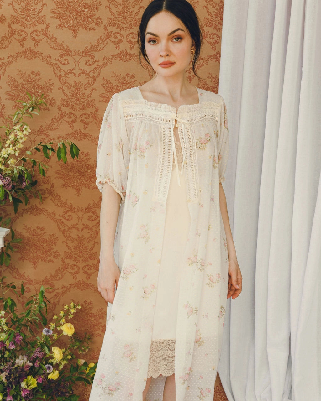 Vintage Christian Dior Floral Swiss Dot Peignoir With Lace Trim
