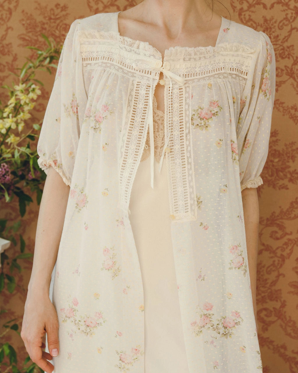 Vintage Christian Dior Floral Swiss Dot Peignoir With Lace Trim