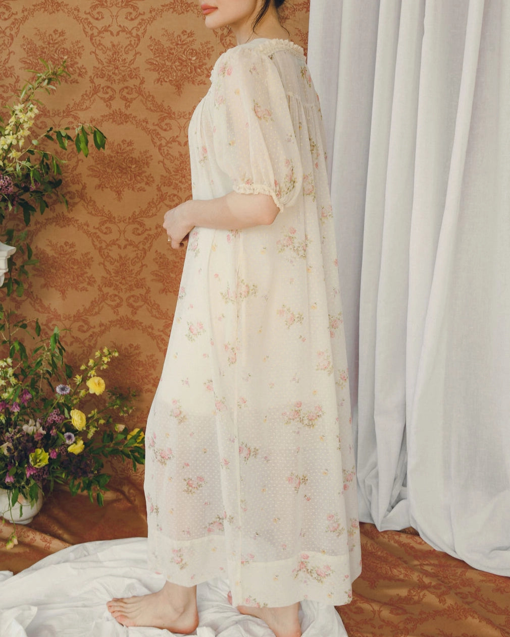 Vintage Christian Dior Floral Swiss Dot Peignoir With Lace Trim
