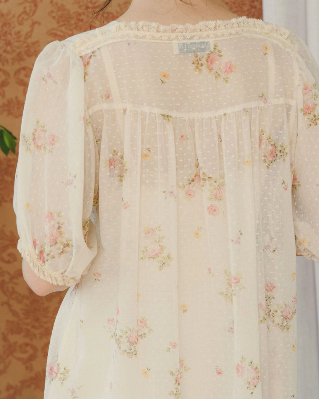 Vintage Christian Dior Floral Swiss Dot Peignoir With Lace Trim