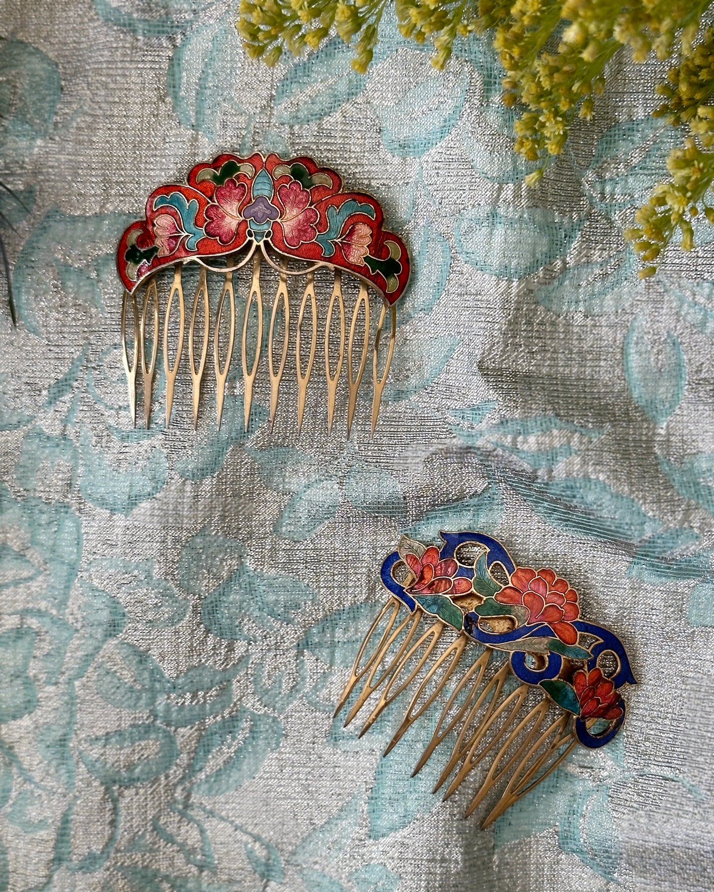 Vintage Cloisonné Enamel Hair Combs