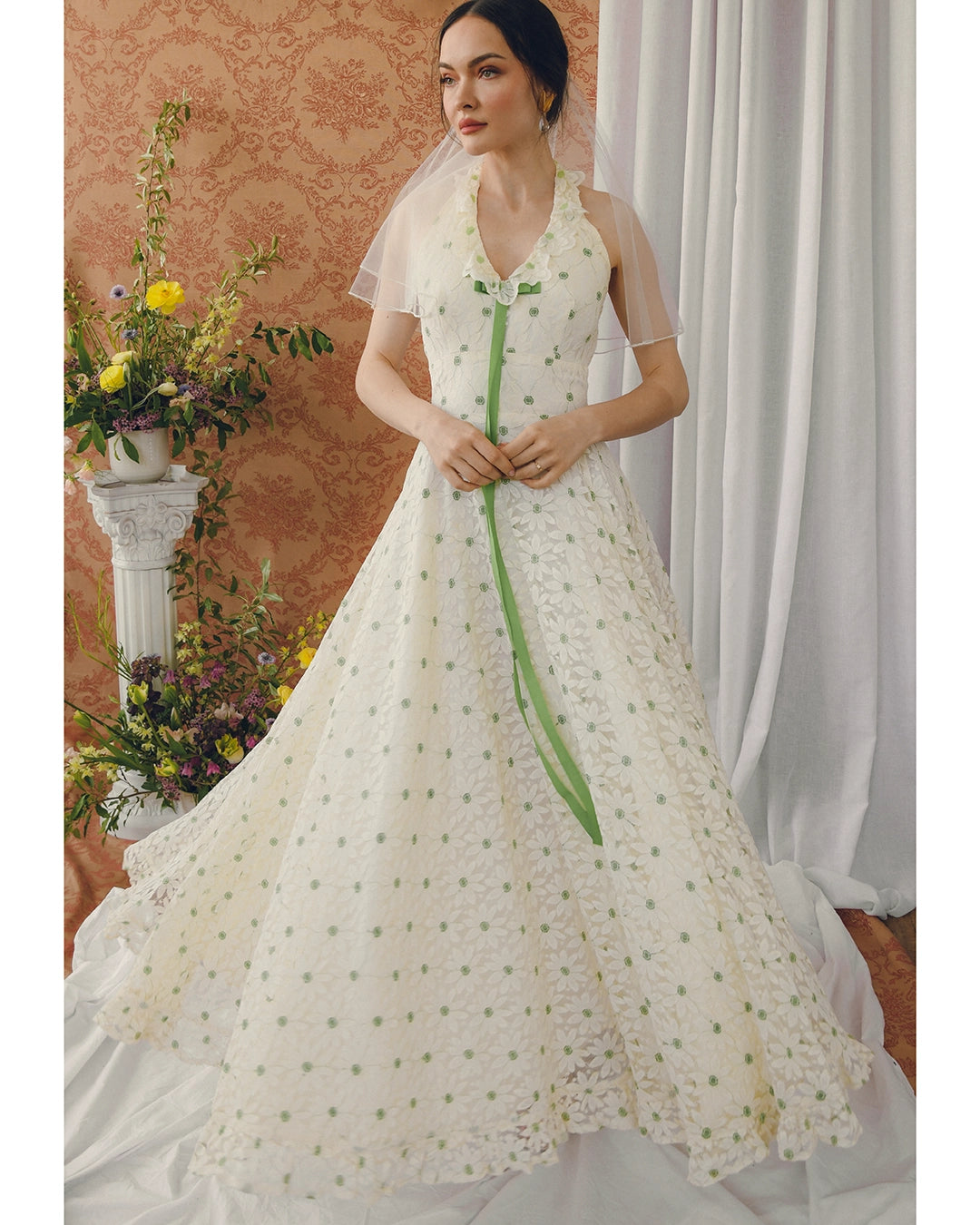 Vintage Embroidered Floral Lace Halter Gown With Matching Bolero