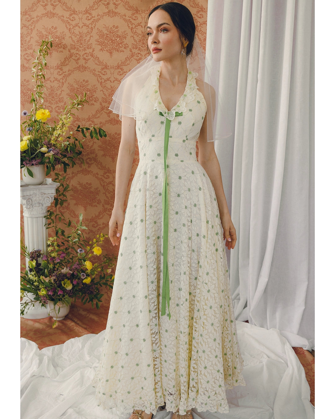 Vintage Embroidered Floral Lace Halter Gown With Matching Bolero