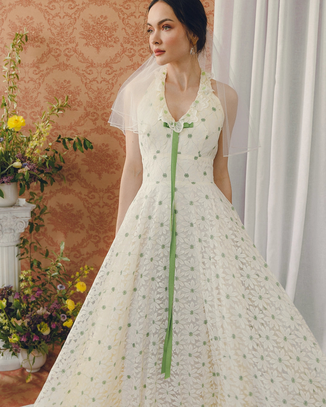 Vintage Embroidered Floral Lace Halter Gown With Matching Bolero