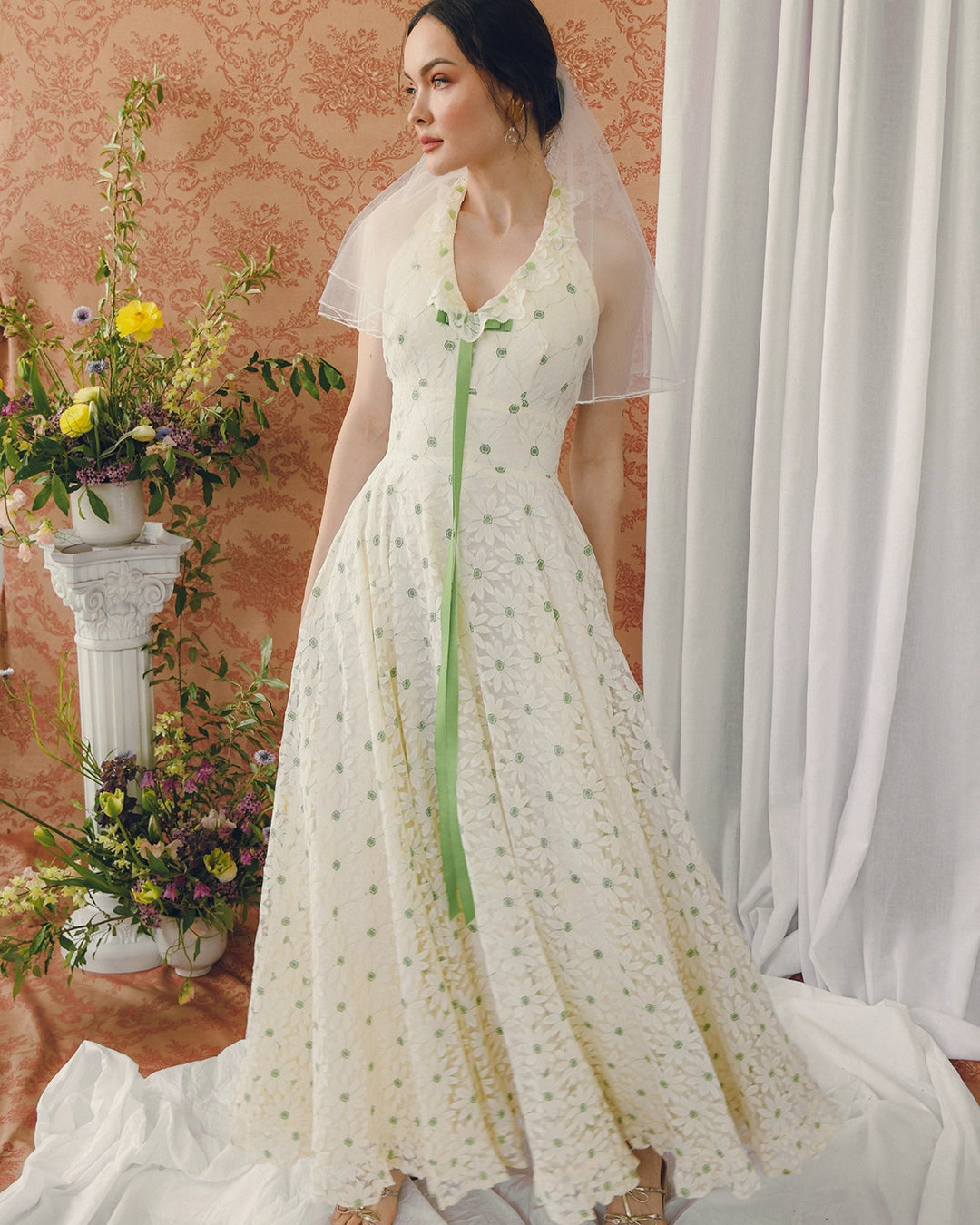 Vintage Embroidered Floral Lace Halter Gown With Matching Bolero