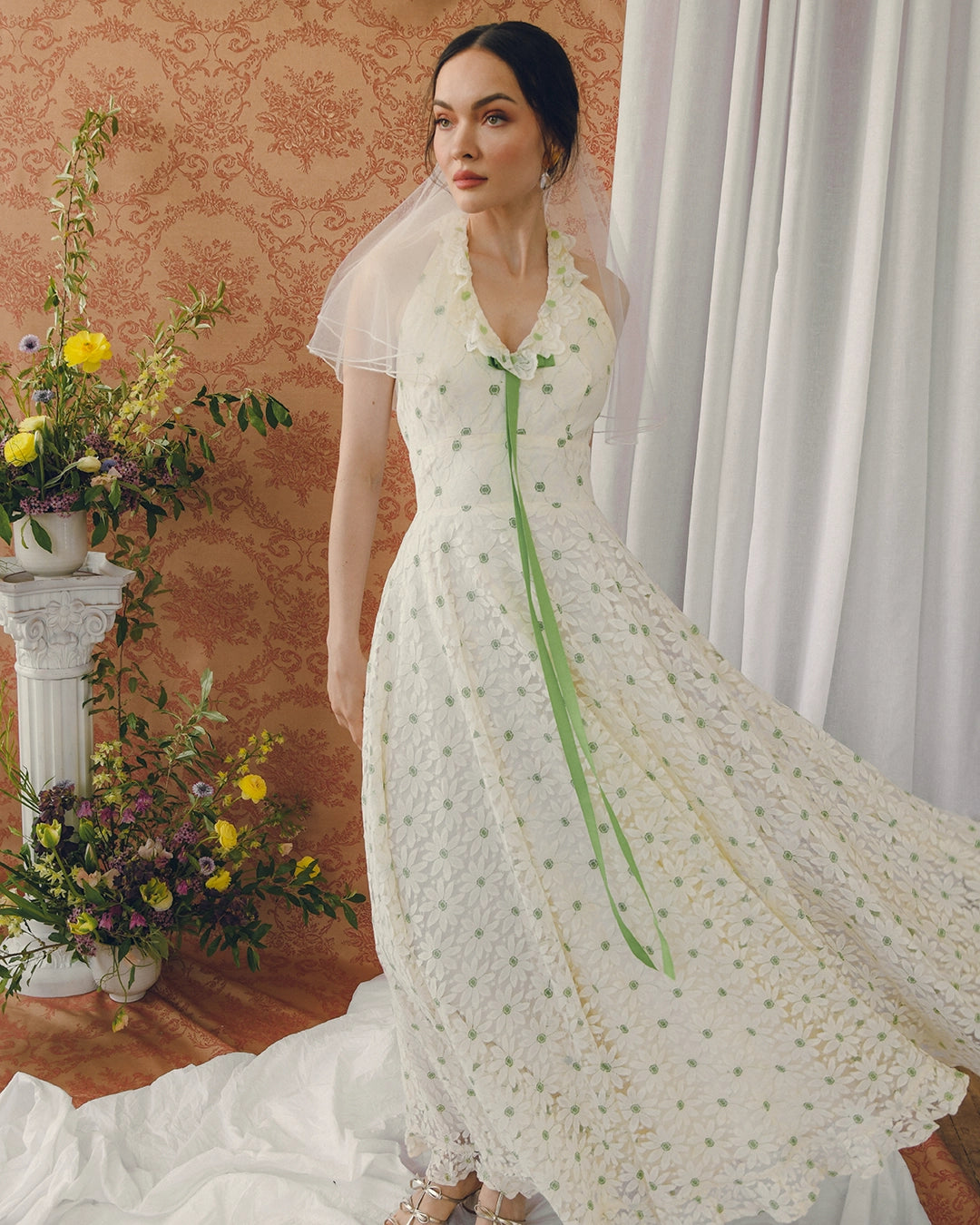 Vintage Embroidered Floral Lace Halter Gown With Matching Bolero