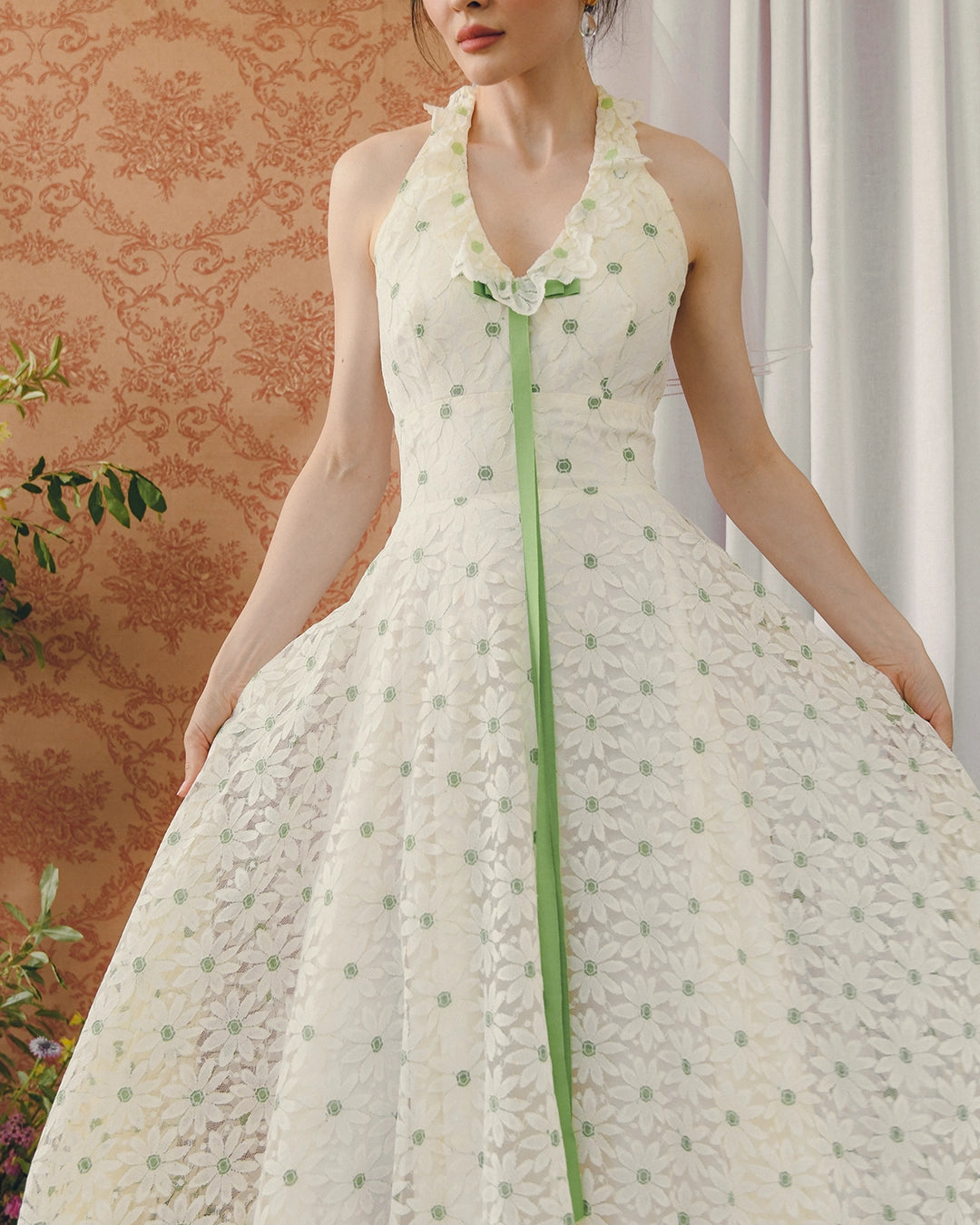 Vintage Embroidered Floral Lace Halter Gown With Matching Bolero