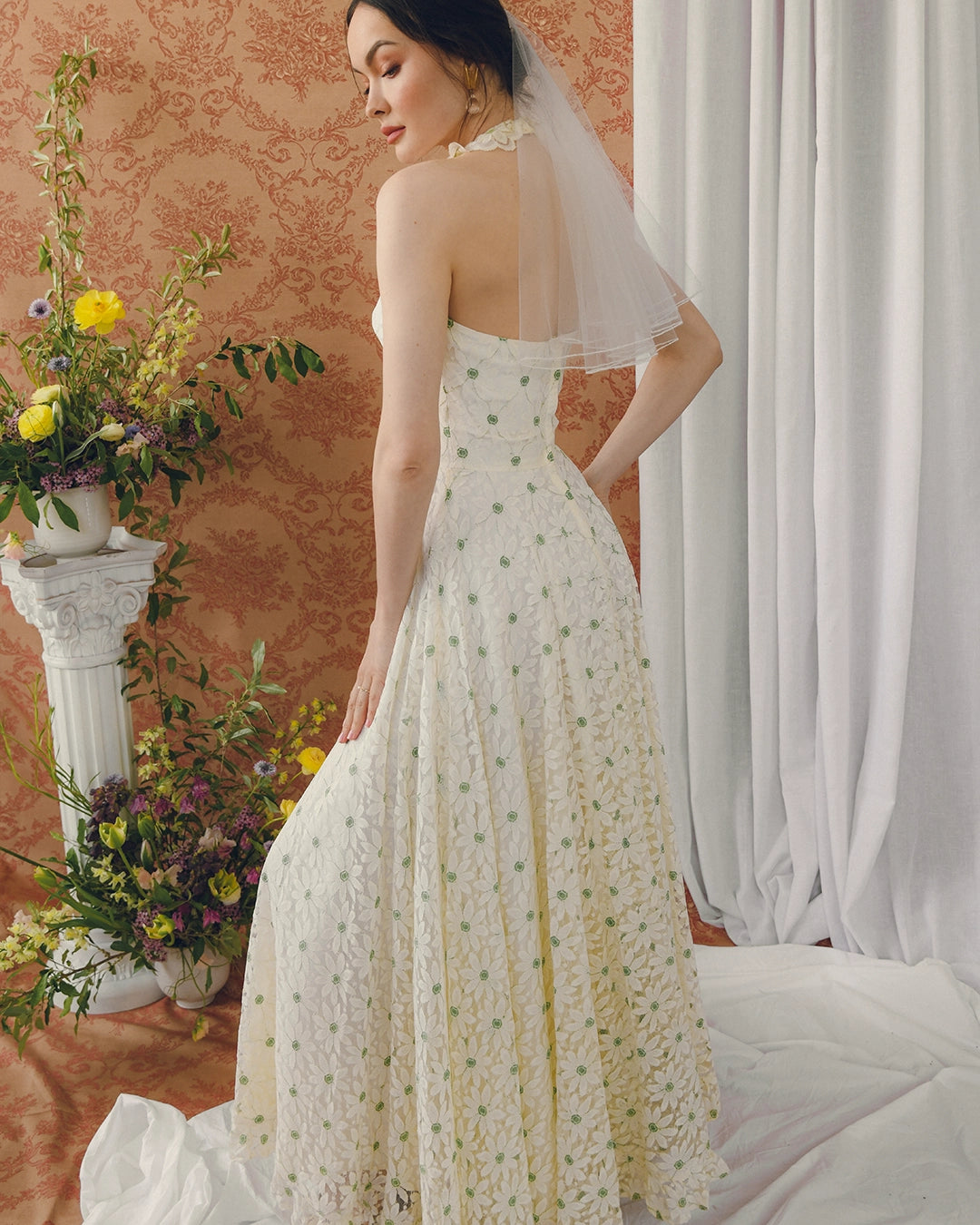 Vintage Embroidered Floral Lace Halter Gown With Matching Bolero