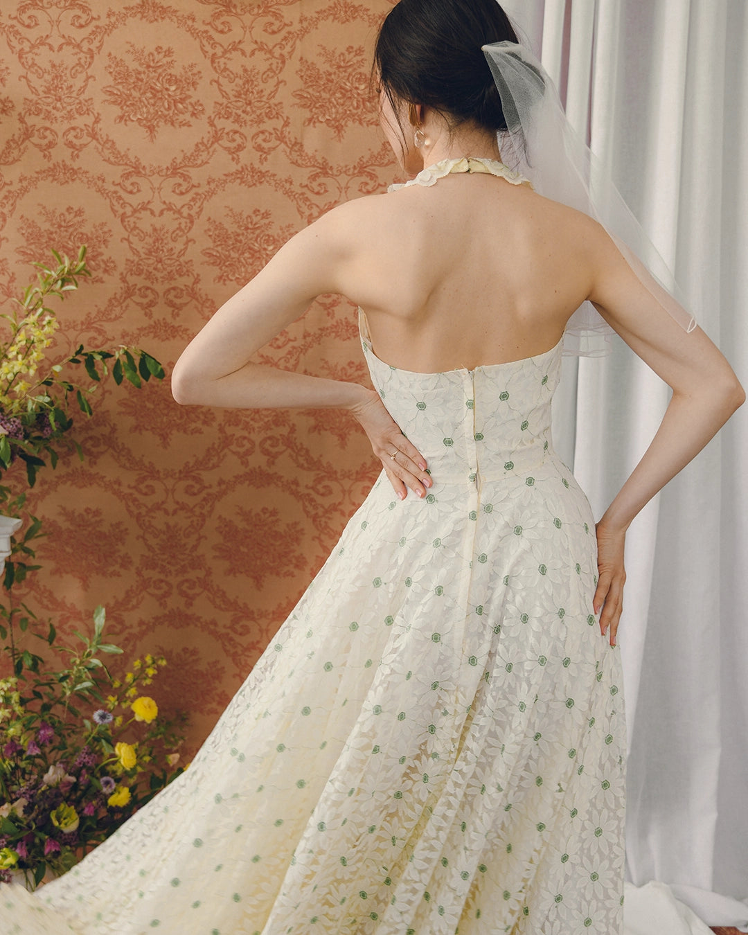 Vintage Embroidered Floral Lace Halter Gown With Matching Bolero