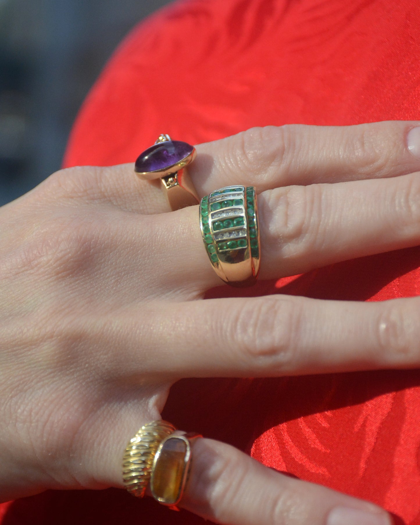 Vintage Emerald And Diamond Gold Bombe Ring