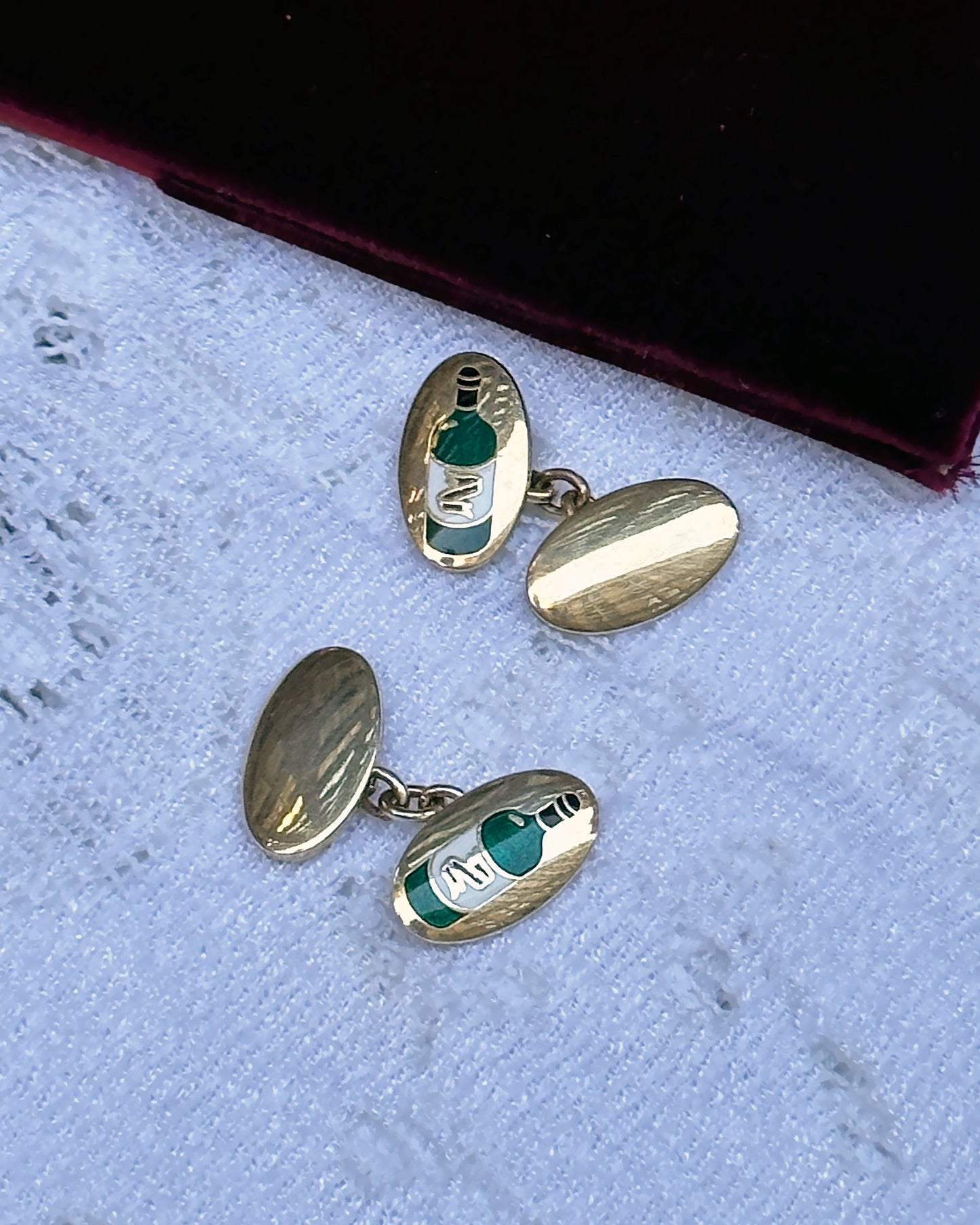 Vintage English Wine Bottle Cufflinks, Enameled Sterling Silver