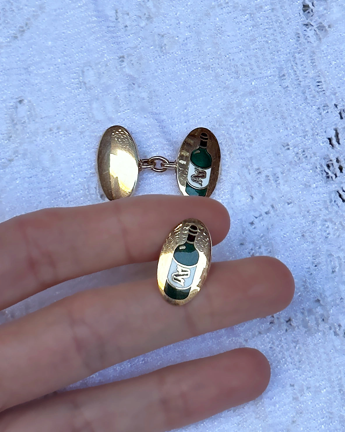 Vintage English Wine Bottle Cufflinks, Enameled Sterling Silver