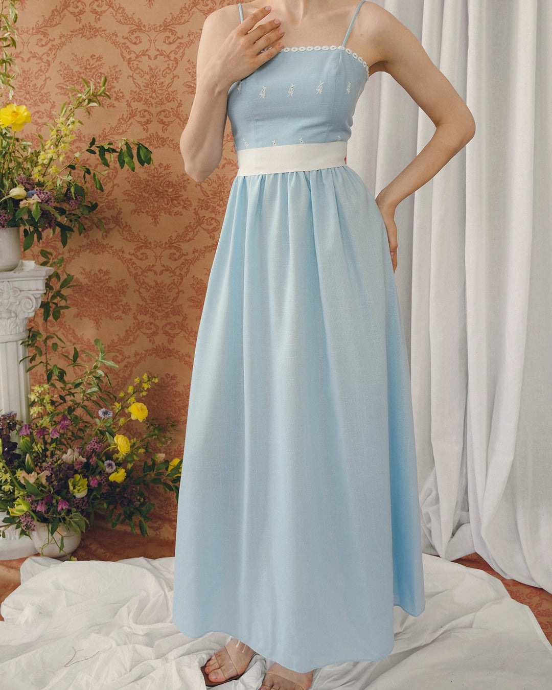 Vintage Eyelet Two-Piece Column Dress Set With Matching Cropped Blouse