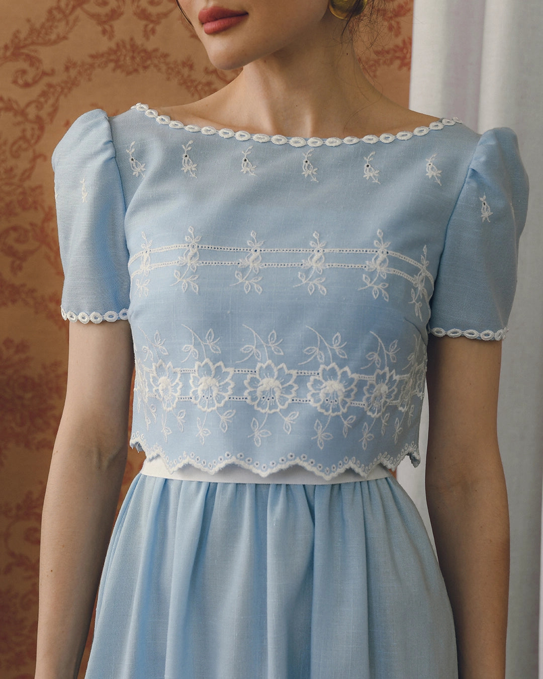 Vintage Eyelet Two-Piece Column Dress Set With Matching Cropped Blouse