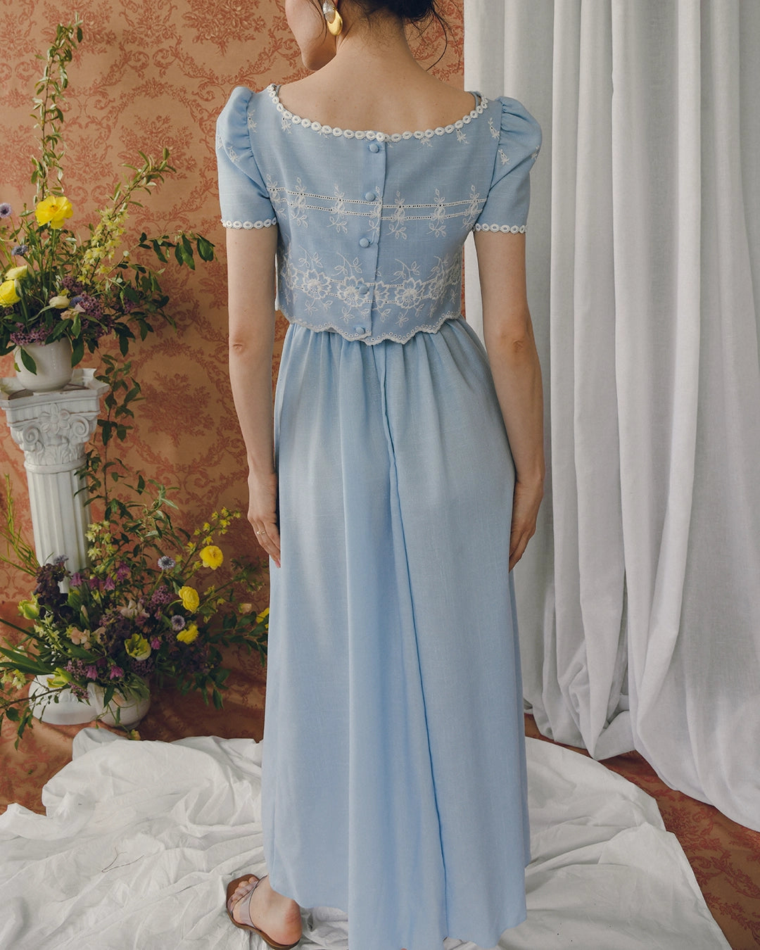 Vintage Eyelet Two-Piece Column Dress Set With Matching Cropped Blouse