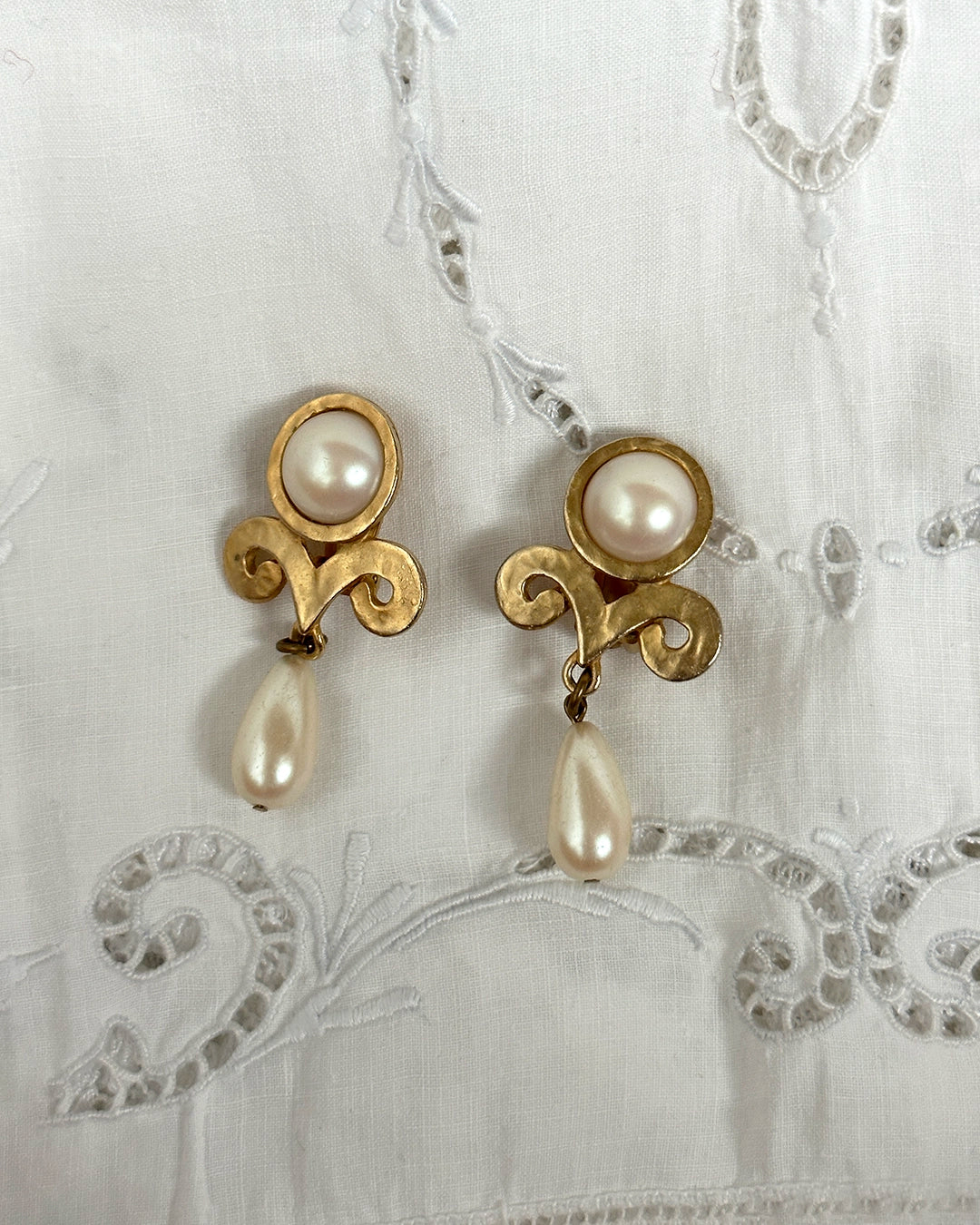 Vintage Hammered Gold And Pearl Surrealist Earrings