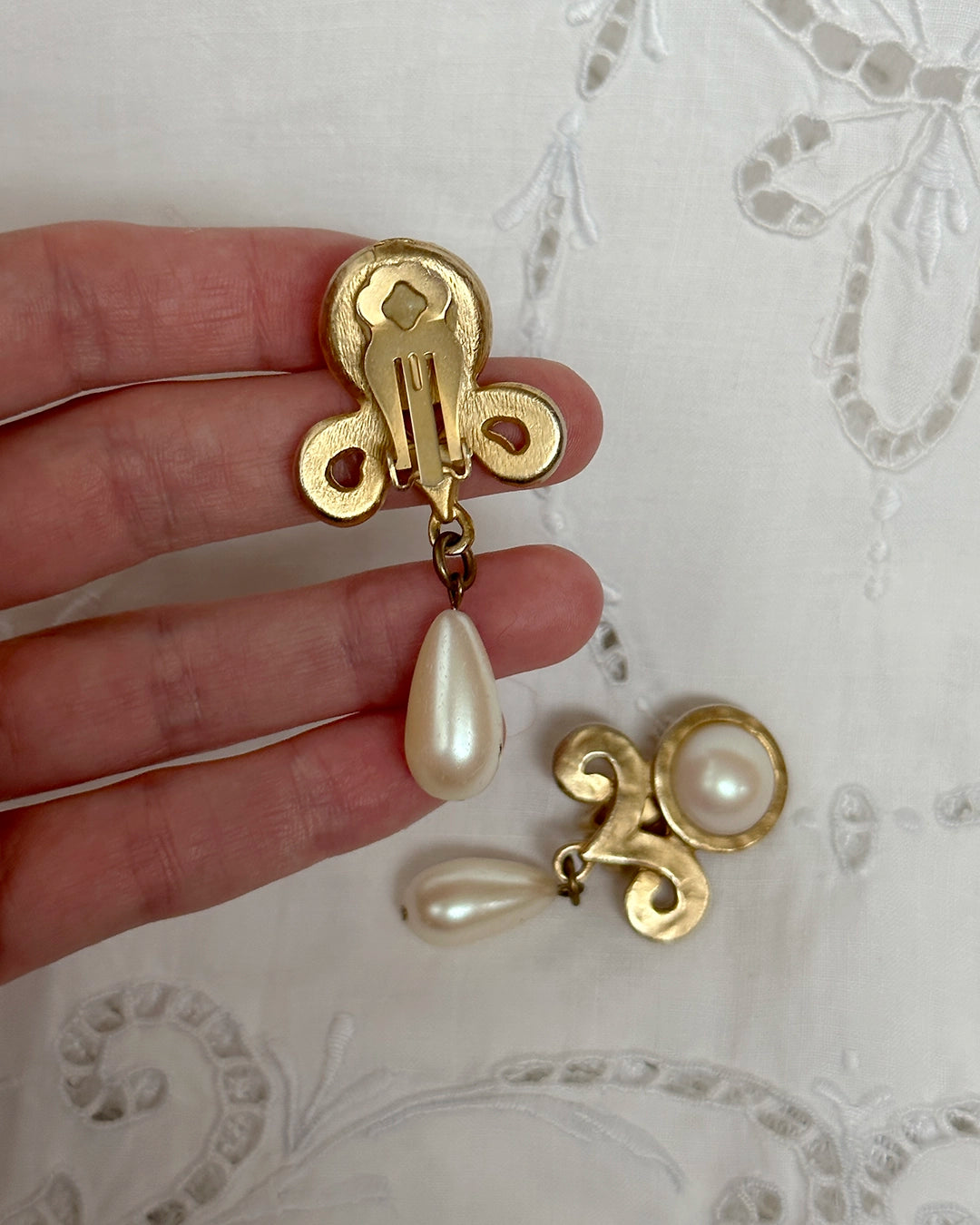 Vintage Hammered Gold And Pearl Surrealist Earrings