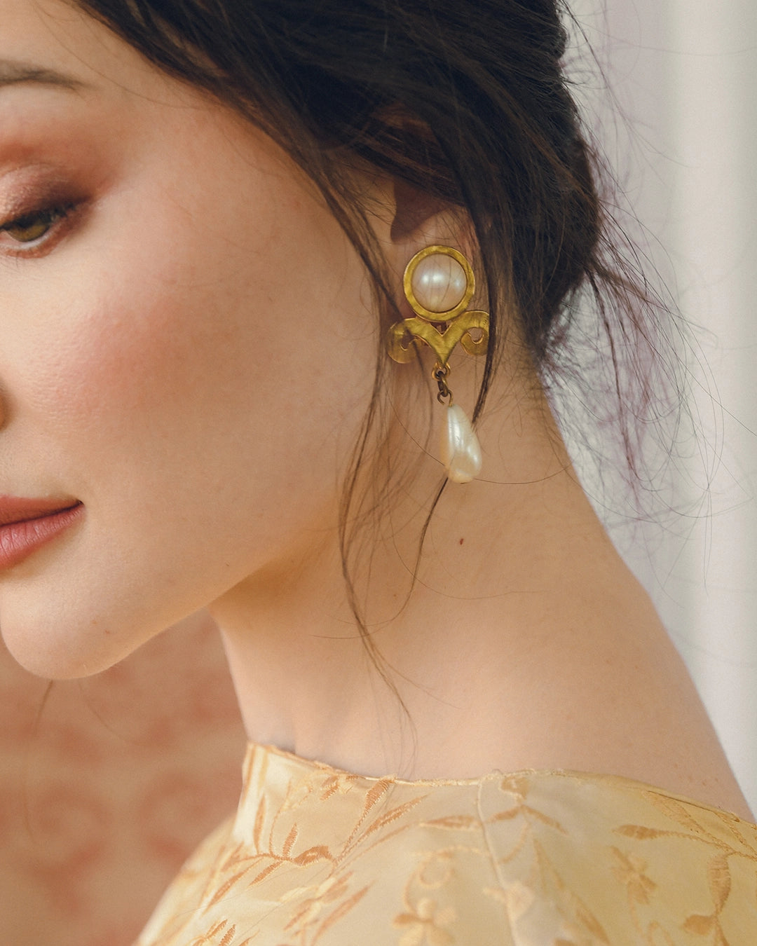 Vintage Hammered Gold And Pearl Surrealist Earrings