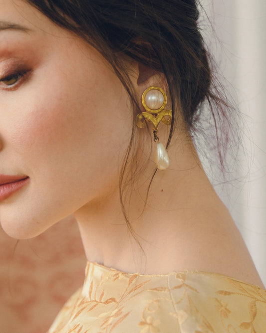 Vintage Hammered Gold And Pearl Surrealist Earrings