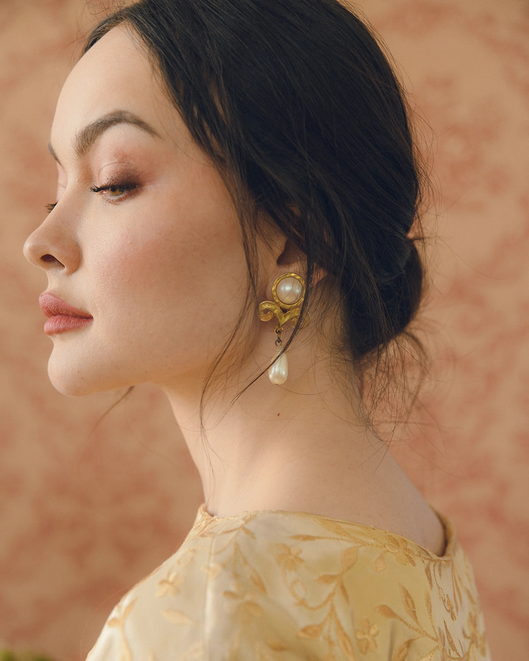Vintage Hammered Gold And Pearl Surrealist Earrings