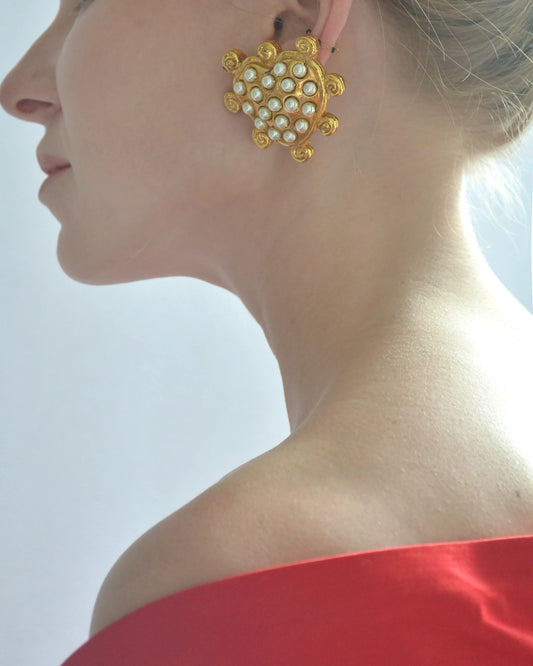 Vintage Jacky De G Gold And Pearl Heart Earrings