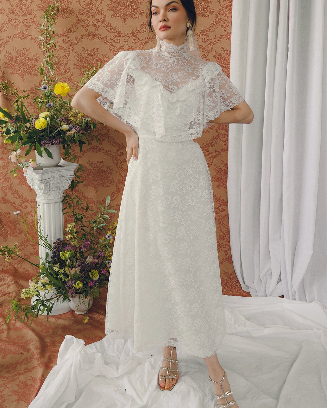 Vintage Ivory Lace High-Neck Dress With Cape Collar