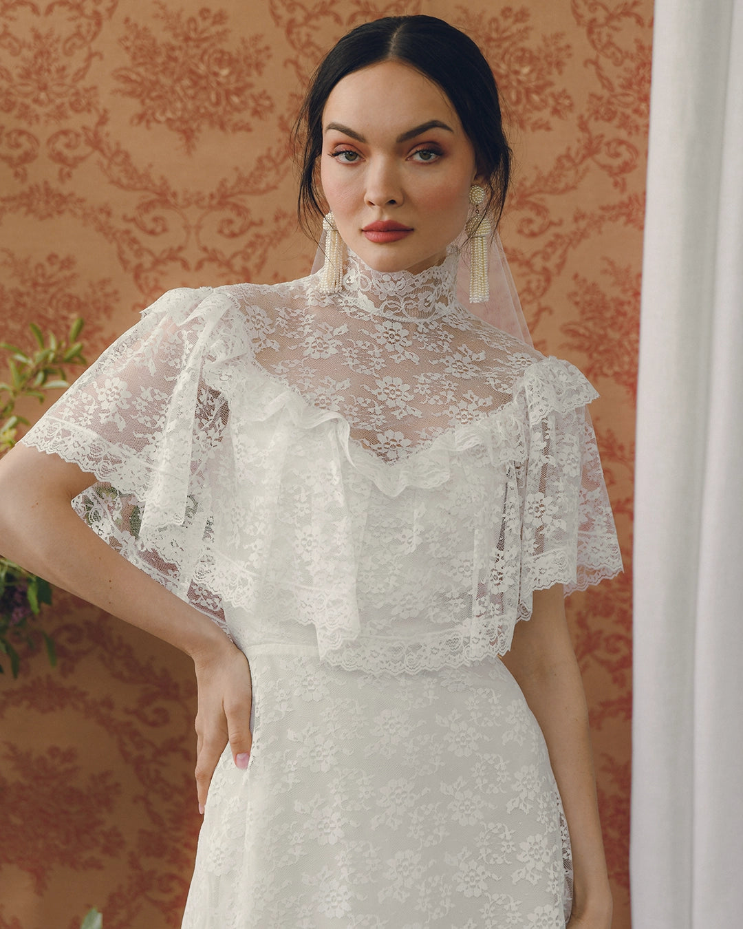 Vintage Ivory Lace High-Neck Dress With Cape Collar